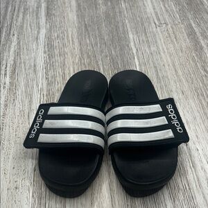 Adidas Kids Black Slides with White Stripes